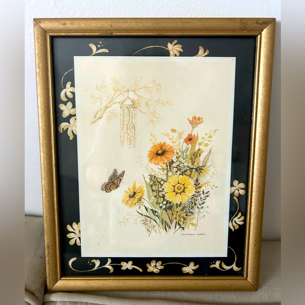Vintage Homeco Claudessa Carter Framed Print Butterflies Flowers Gold Frame